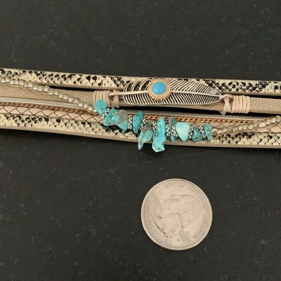Western Boho Bracelet | Gold Layered Cuff with Faux Turquoise Stones & Feather - Picture 6 of 8